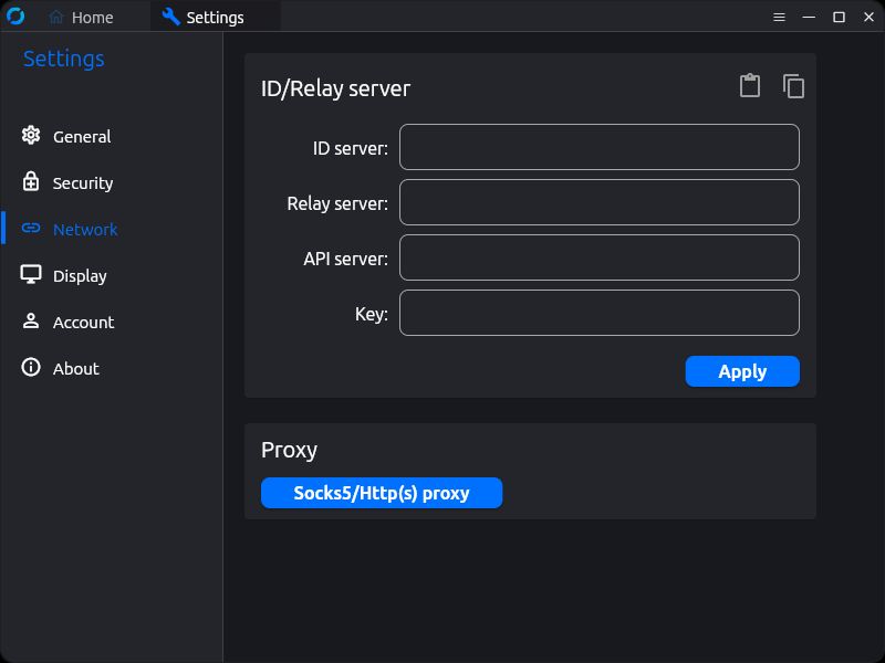 RustDesk ID/Relay Server dialog on Linux highlighting the paste icon