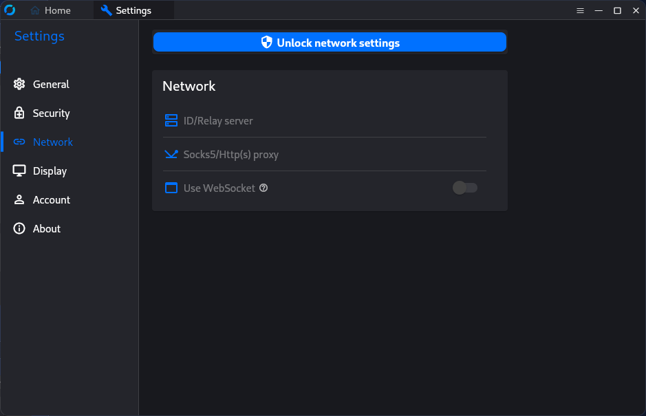 RustDesk Network settings on Linux with the Unblock network settings button