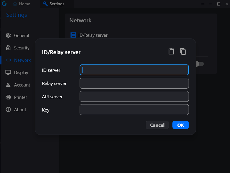 RustDesk ID/Relay Server dialog with the clipboard paste icon ready