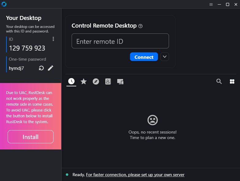 RustDesk main window highlighting the menu icon to open settings