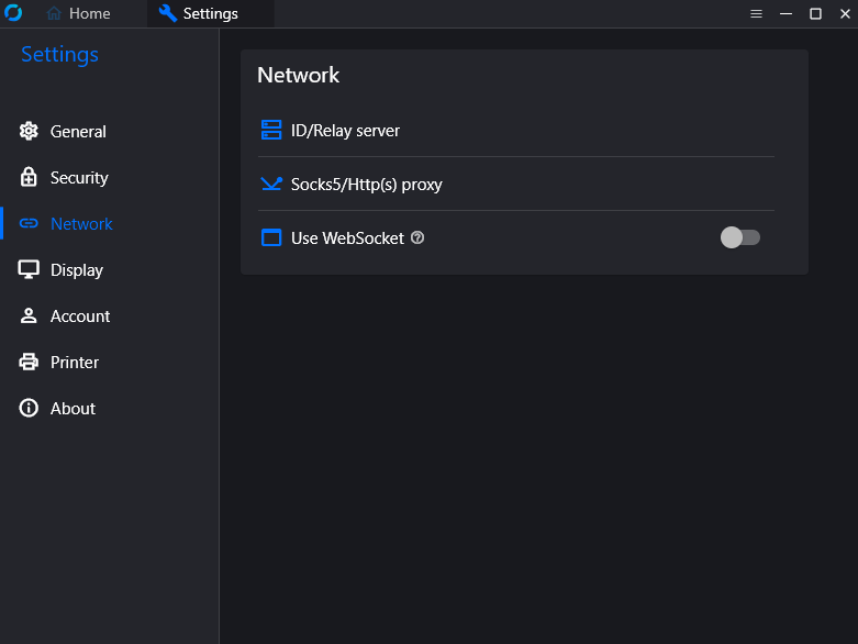 RustDesk Network page showing the Unblock network settings button and ID/Relay Server option