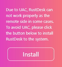 RustDesk home screen showing the Install button in the lower-left corner