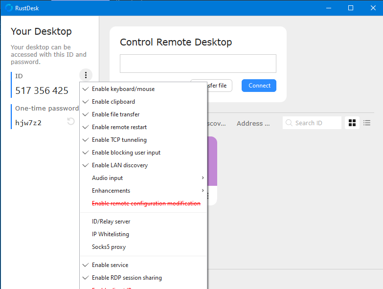 RustDesk menu